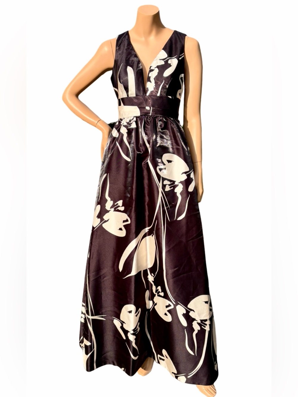 Donna Karan NY NWT Plum Black Ivory Floral Satin Maxi Gown Dress Size 2